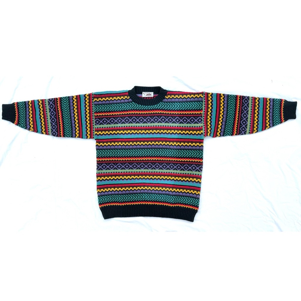 Vintage 80s Sweaters by Jolie Multicolor Knit Geometric Crew Sweater - Picture 2 of 7